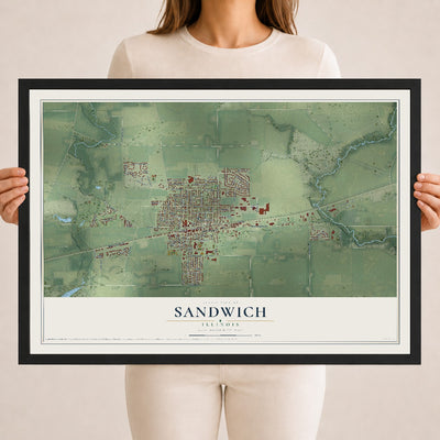 Map of Sandwich, Illinois, 18 x 24 inch print in a black wood frame