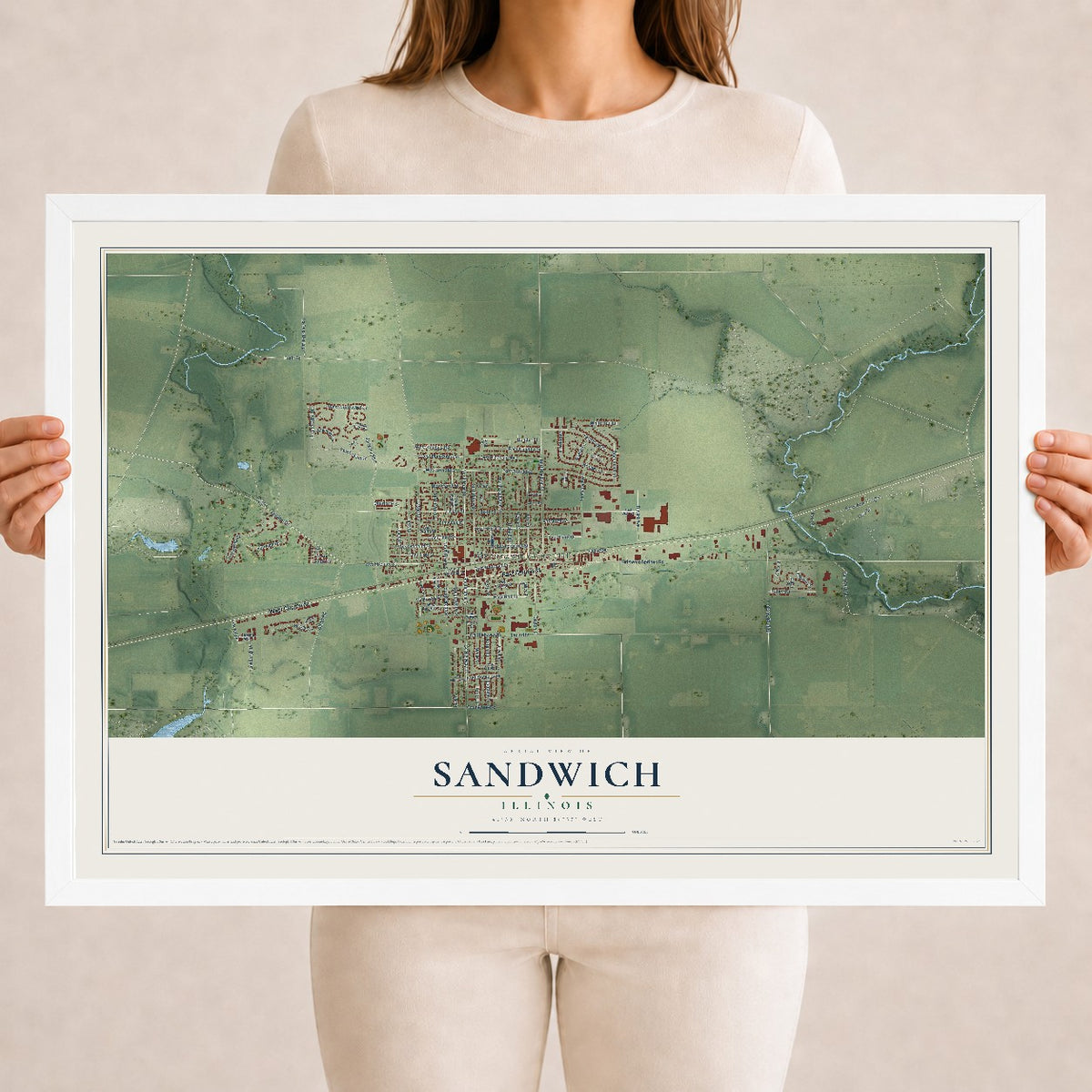 Map of Sandwich, Illinois, 18 x 24 inch print in a white wood frame
