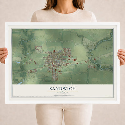 Map of Sandwich, Illinois, 18 x 24 inch print in a white wood frame