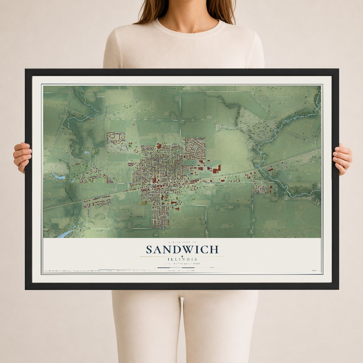 Map of Sandwich, Illinois, 24 x 36 inch print in a black wood frame