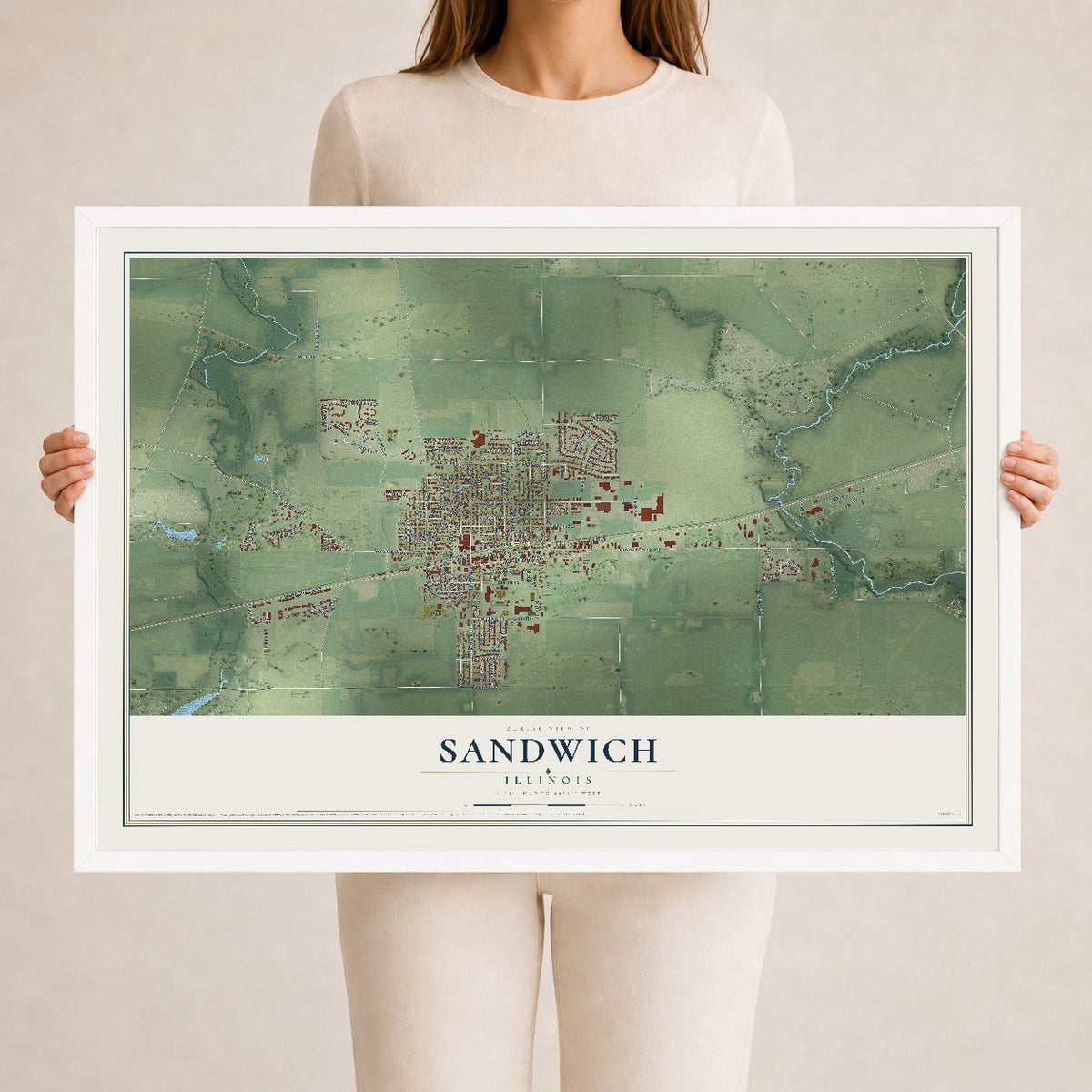 Map of Sandwich, Illinois, 24 x 36 inch print in a white wood frame