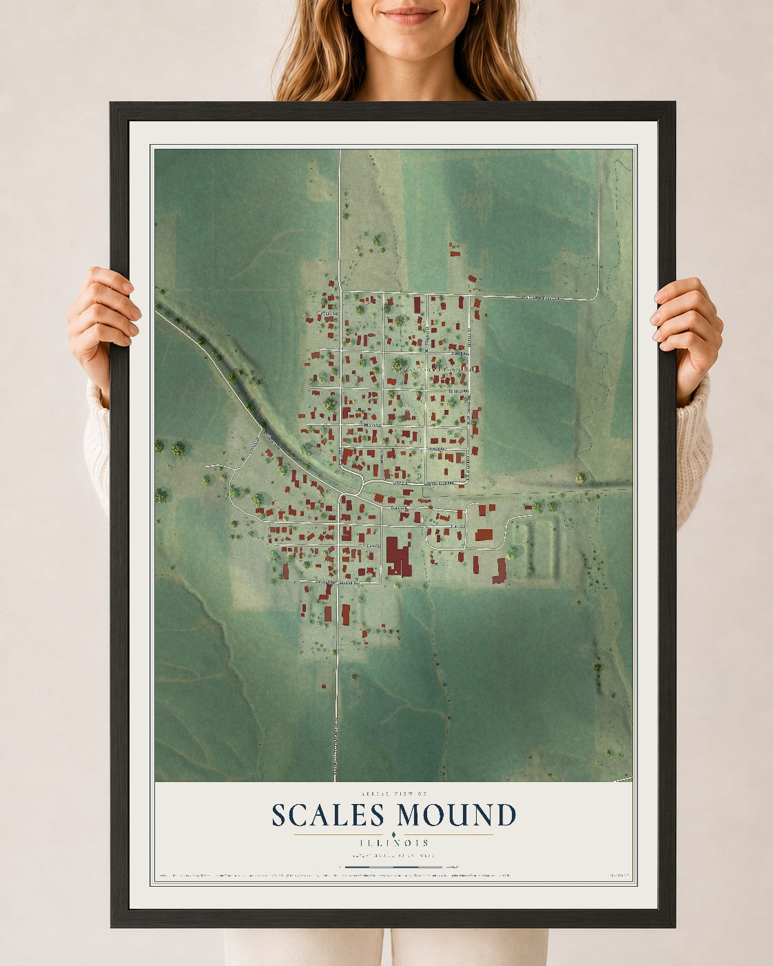 Map of Scales Mound, Illinois, 24 x 36 inch print in a black wood frame