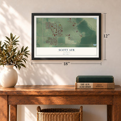 Scott AFB, Illinois map, 12 x 18 inch print in a black frame in an entryway