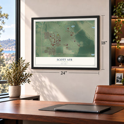 Scott AFB, Illinois map, 18 x 24 inch print in a black frame in a home office