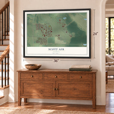 Scott AFB, Illinois map, 24 x 36 inch print in a black frame above a dresser by a staircase
