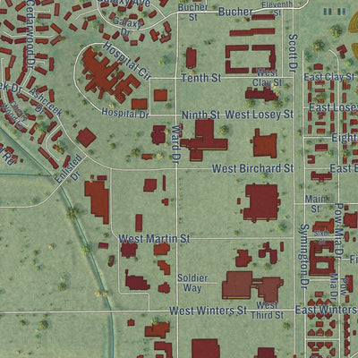 Close-up of the map of Scott AFB, Illinois print showing street and building detail