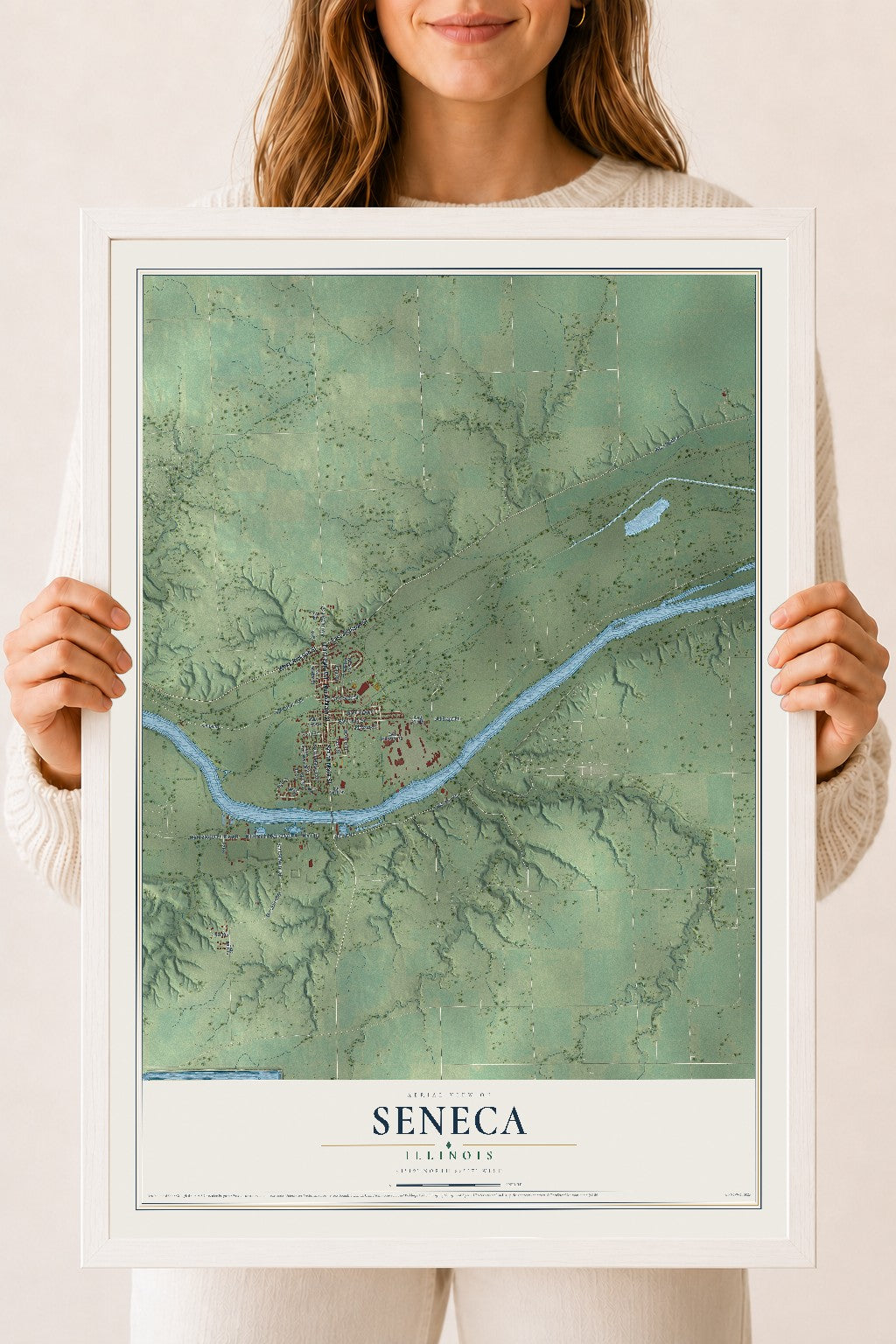 Map of Seneca, Illinois, 18 x 24 inch print in a white wood frame