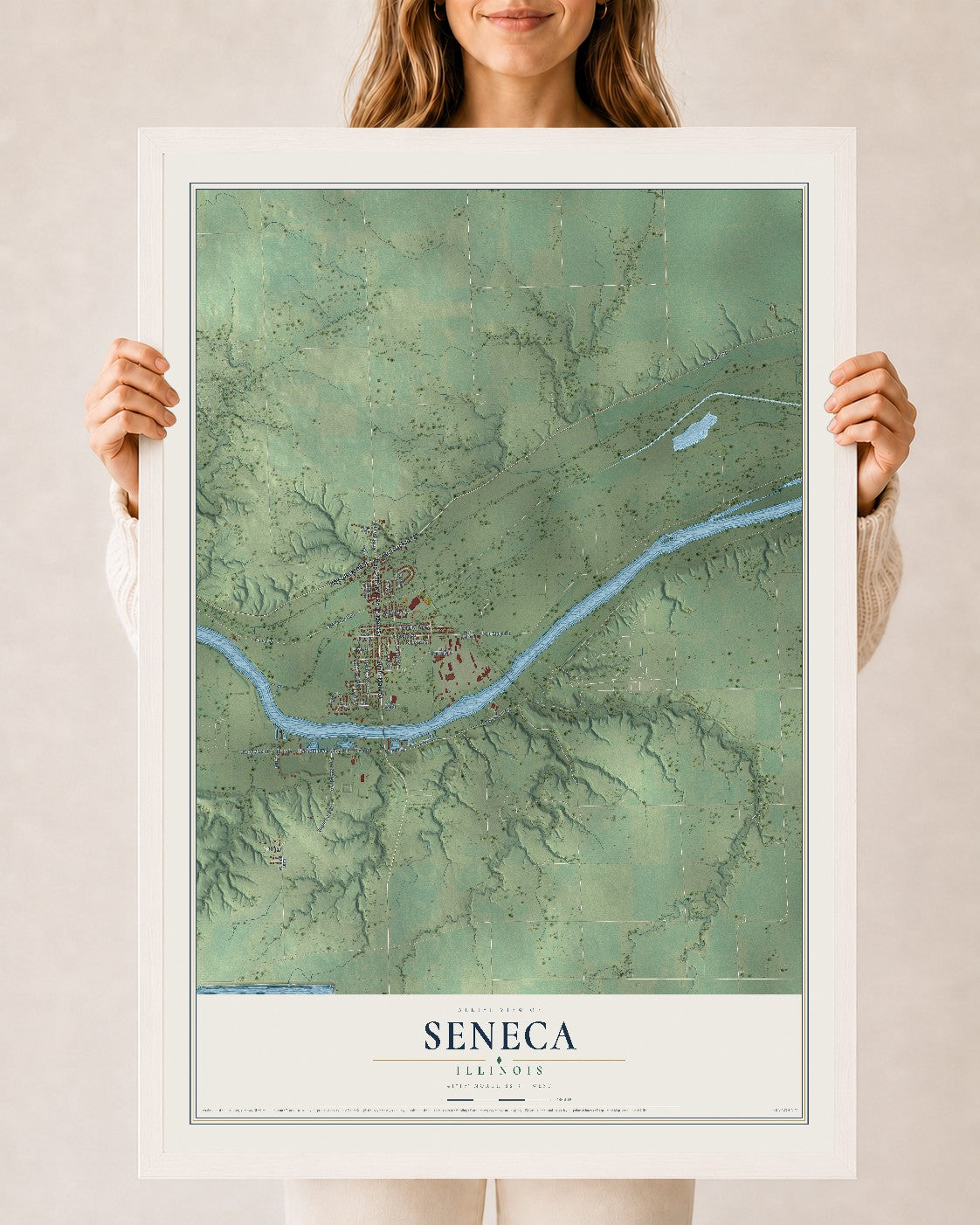 Map of Seneca, Illinois, 24 x 36 inch print in a white wood frame