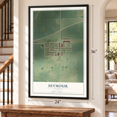 Seymour, Illinois map, 24 x 36 inch print in a black frame by a staircase