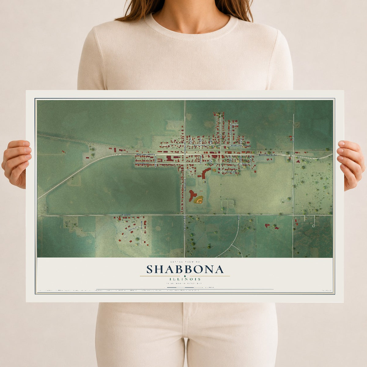 Map of Shabbona, Illinois, 12 x 18 inch unframed archival matte print