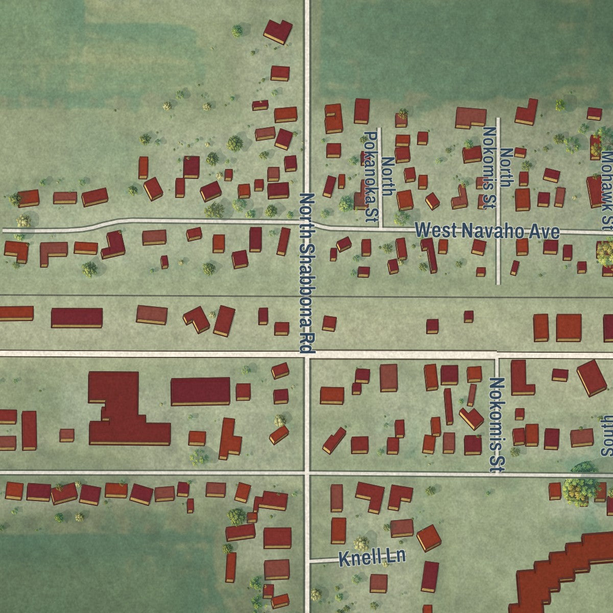 Close-up of the map of Shabbona, Illinois print showing street and building detail