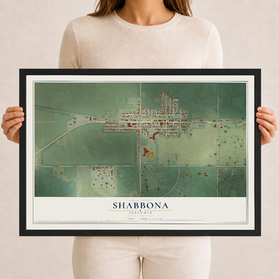 Map of Shabbona, Illinois, 12 x 18 inch print in a black wood frame