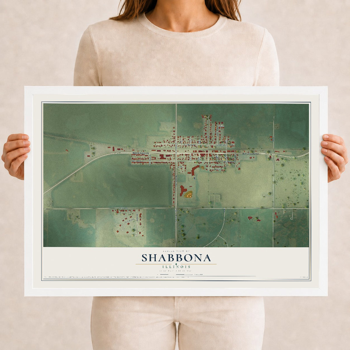 Map of Shabbona, Illinois, 12 x 18 inch print in a white wood frame