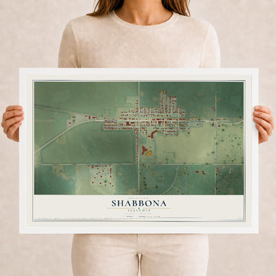 Map of Shabbona, Illinois, 12 x 18 inch print in a white wood frame