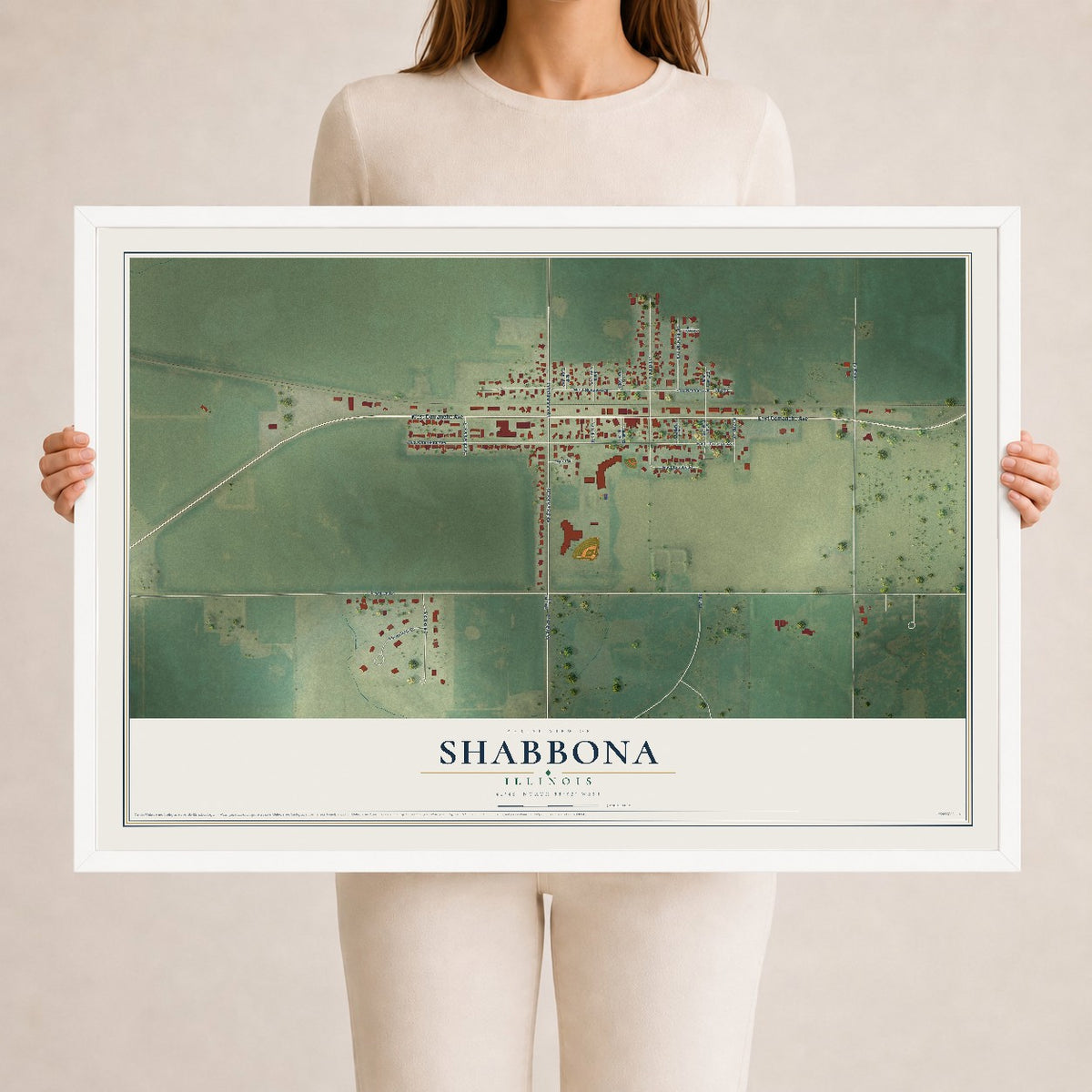 Map of Shabbona, Illinois, 24 x 36 inch print in a white wood frame