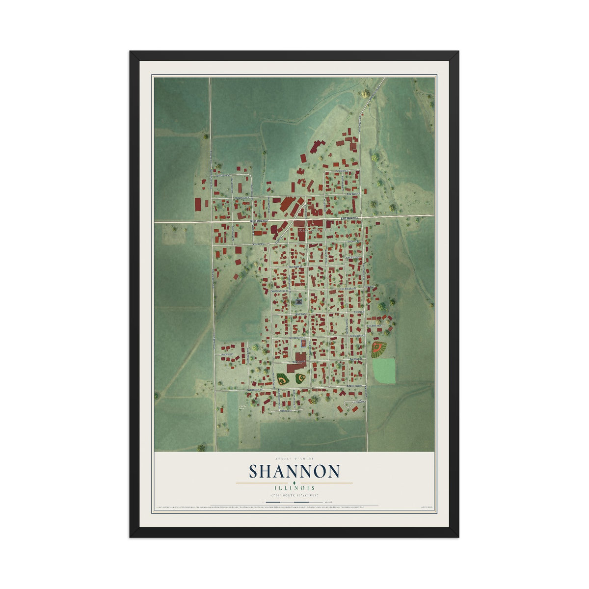 Map of Shannon, Illinois, 12 x 18 inch print in a black wood frame