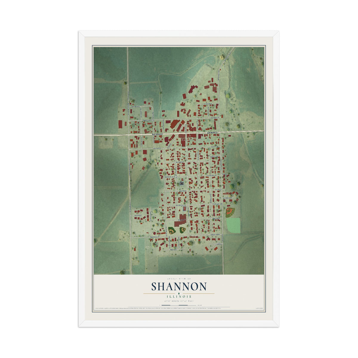 Map of Shannon, Illinois, 12 x 18 inch print in a white wood frame
