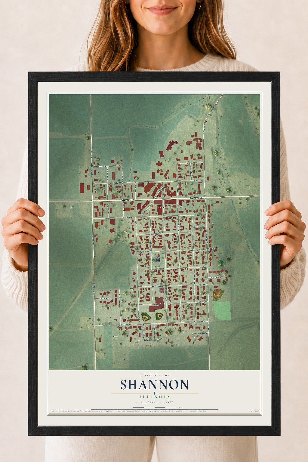 Map of Shannon, Illinois, 18 x 24 inch print in a black wood frame