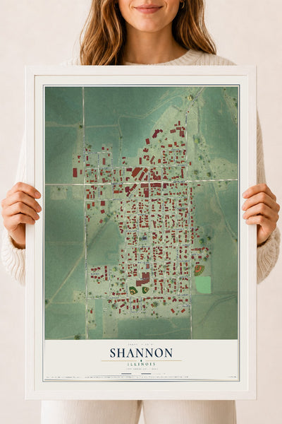 Map of Shannon, Illinois, 18 x 24 inch print in a white wood frame