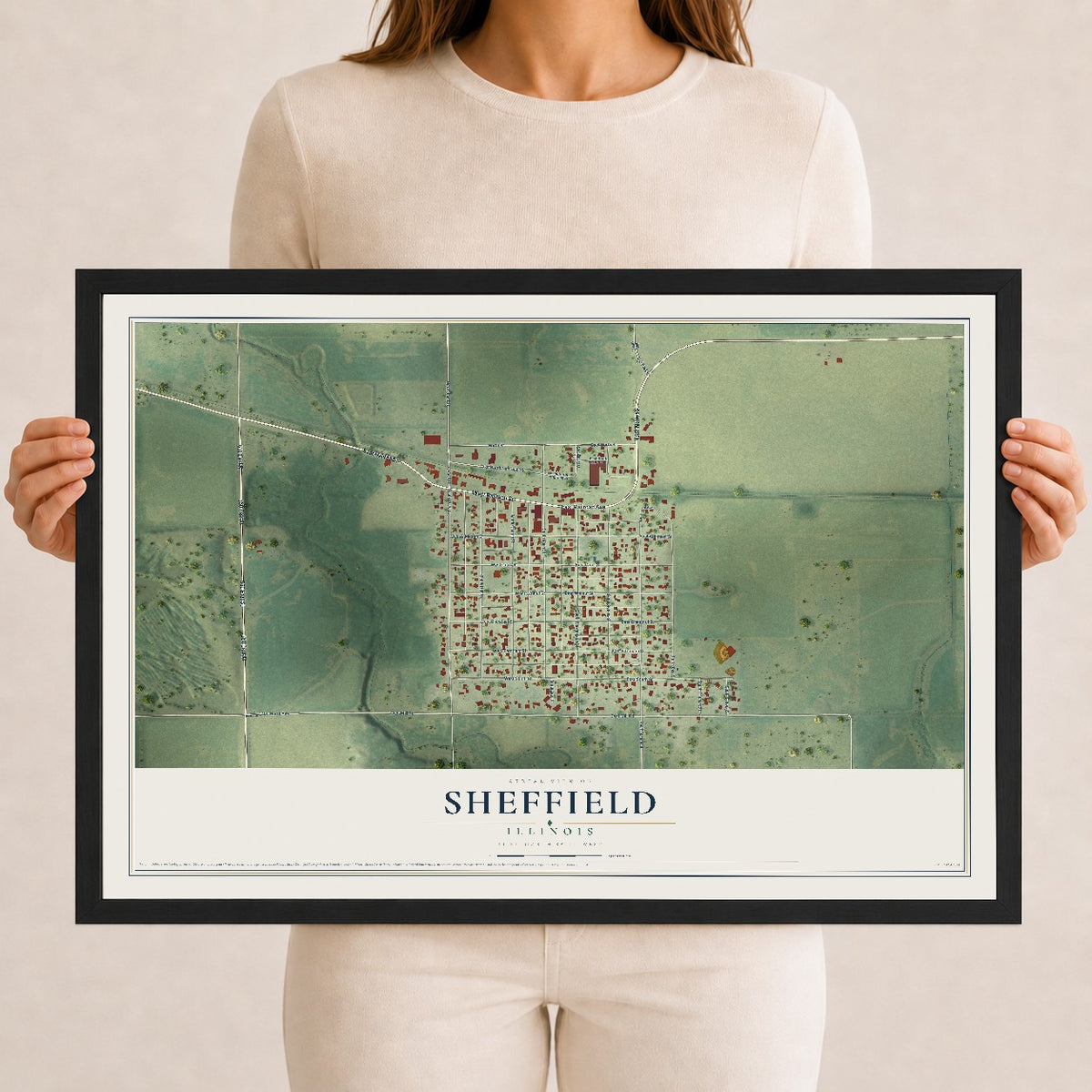Map of Sheffield, Illinois, 12 x 18 inch print in a black wood frame