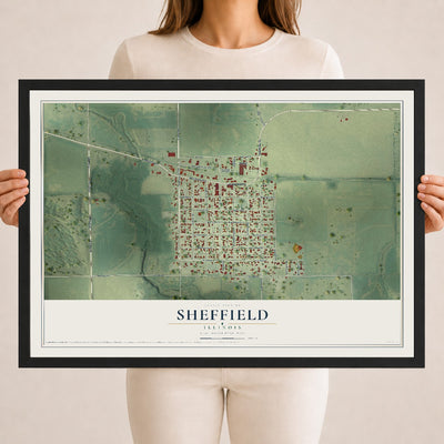 Map of Sheffield, Illinois, 18 x 24 inch print in a black wood frame