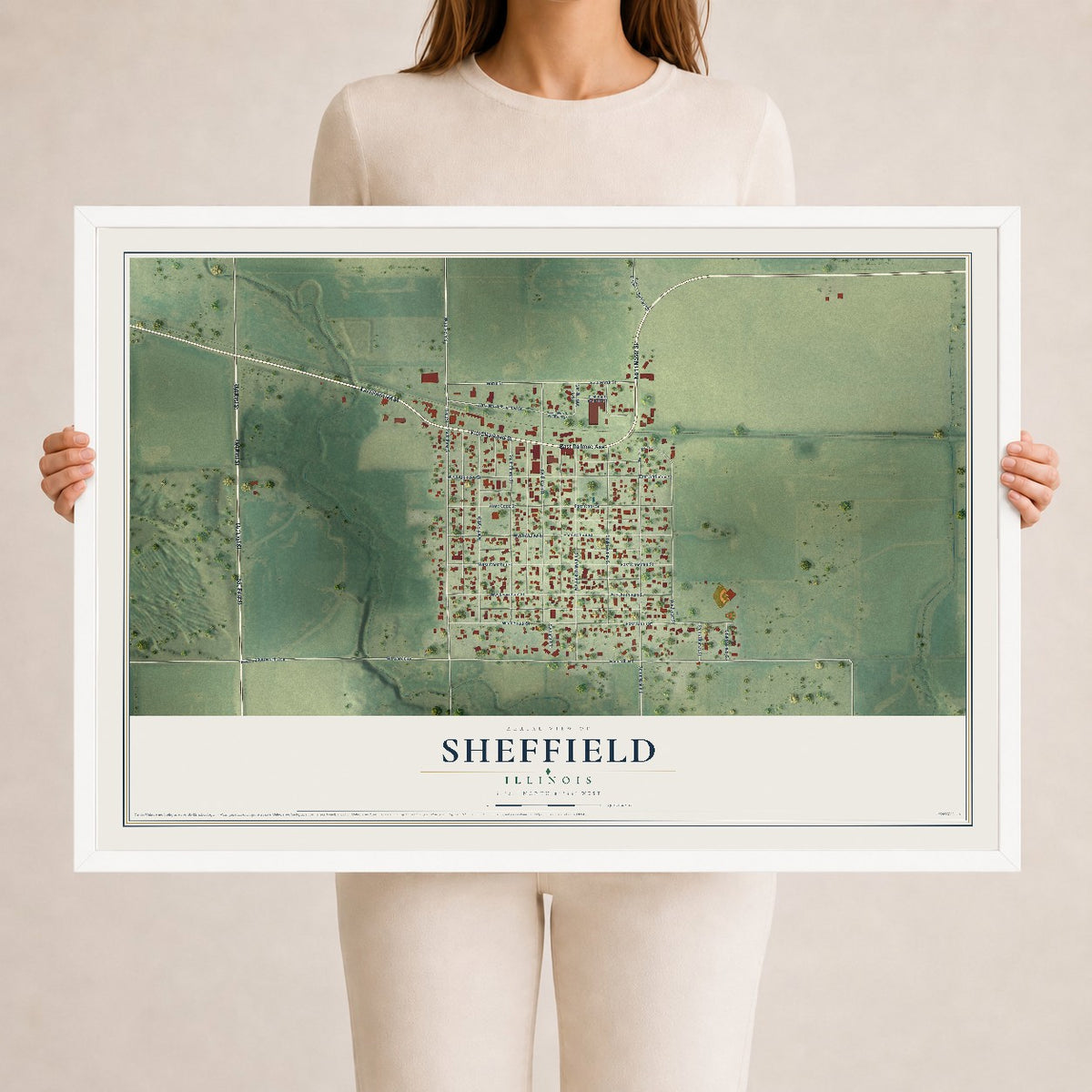 Map of Sheffield, Illinois, 24 x 36 inch print in a white wood frame