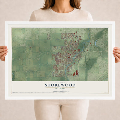 Map of Shorewood, Illinois, 18 x 24 inch print in a white wood frame