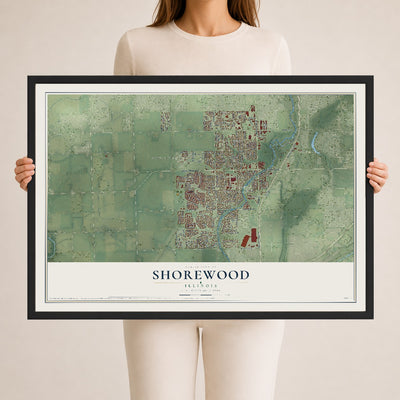Map of Shorewood, Illinois, 24 x 36 inch print in a black wood frame