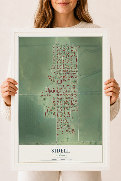 Map of Sidell, Illinois, 18 x 24 inch print in a white wood frame