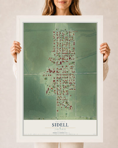Map of Sidell, Illinois, 24 x 36 inch print in a white wood frame