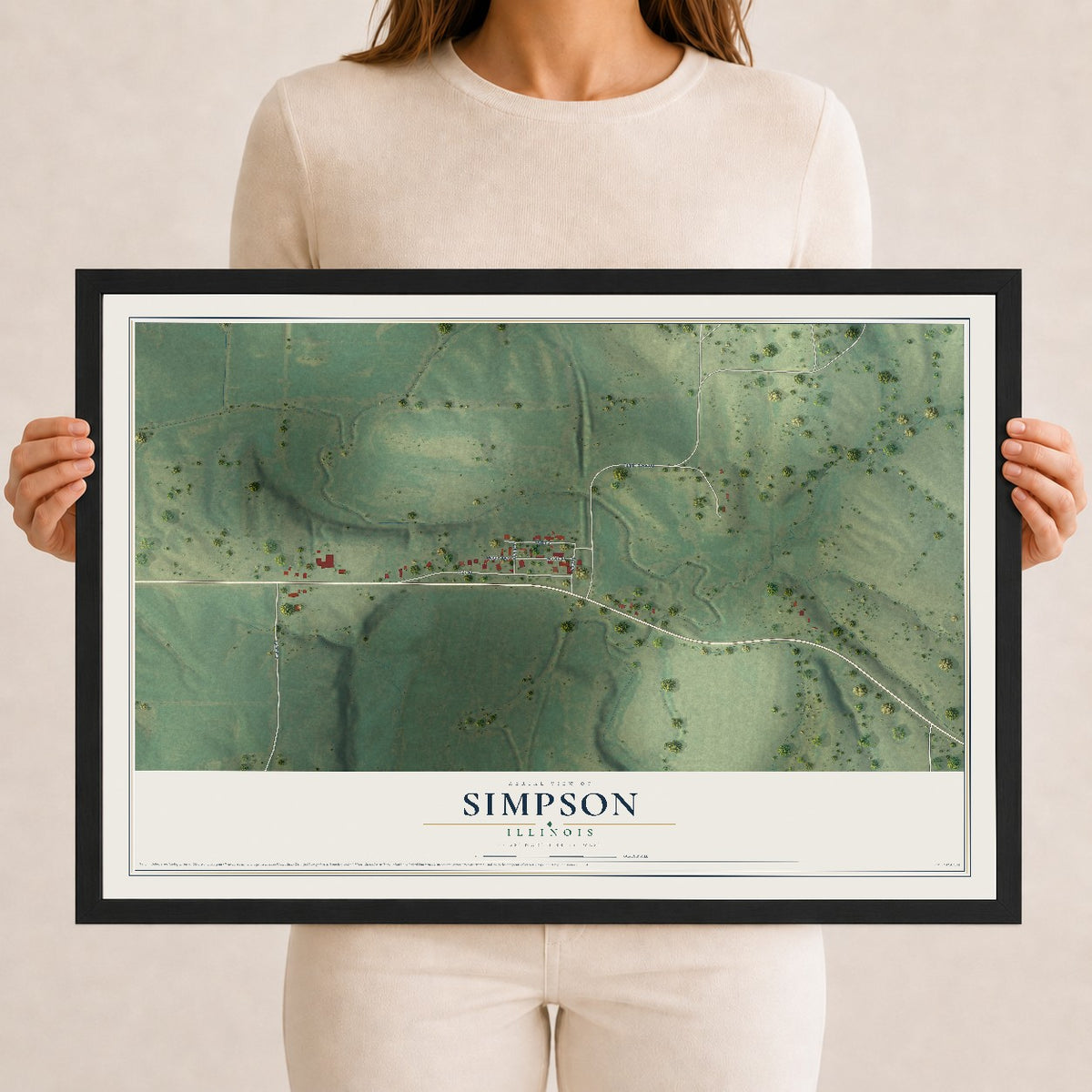 Map of Simpson, Illinois, 12 x 18 inch print in a black wood frame