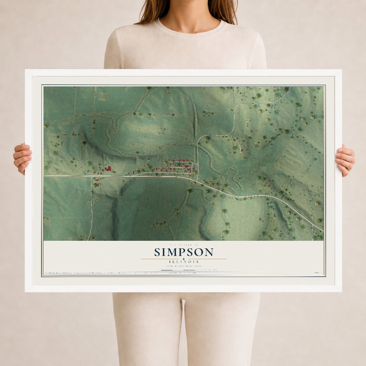 Map of Simpson, Illinois, 24 x 36 inch print in a white wood frame