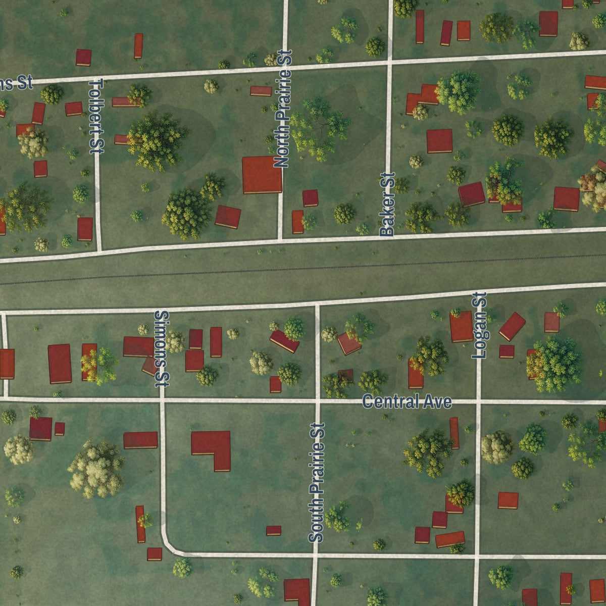 Close-up of the map of Sims, Illinois print showing street and building detail