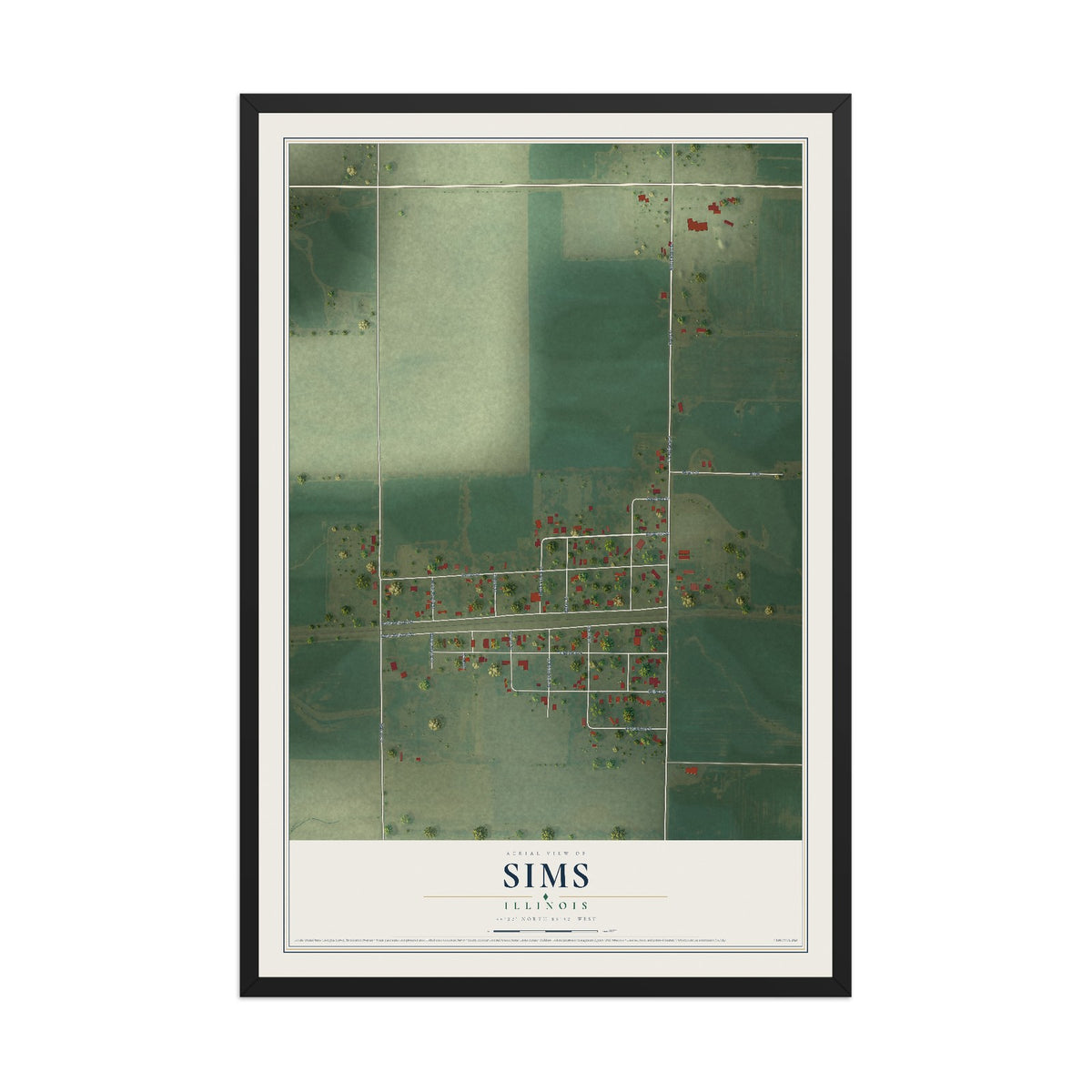 Map of Sims, Illinois, 12 x 18 inch print in a black wood frame