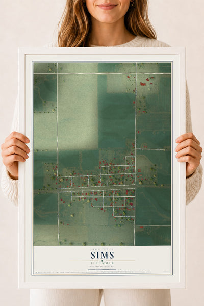 Map of Sims, Illinois, 18 x 24 inch print in a white wood frame
