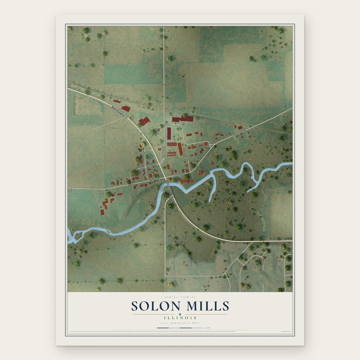 Solon Mills, Illinois map print, the full design
