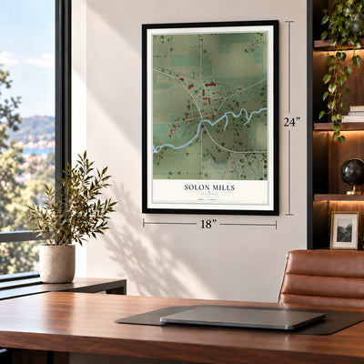 Solon Mills, Illinois map, 18 x 24 inch print in a black frame in a home office