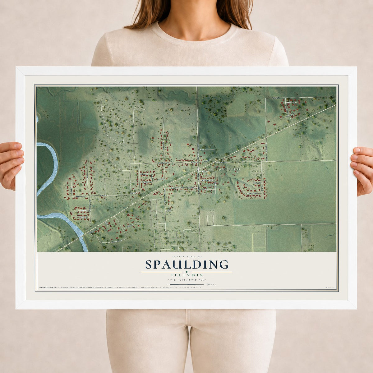 Map of Spaulding, Illinois, 18 x 24 inch print in a white wood frame