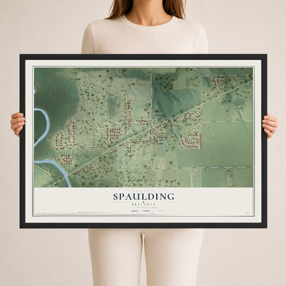 Map of Spaulding, Illinois, 24 x 36 inch print in a black wood frame