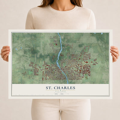 Map of St. Charles, Illinois, 12 x 18 inch unframed archival matte print