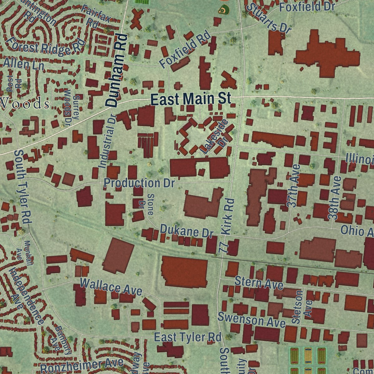Second close-up of the map of St. Charles, Illinois print showing more streets and buildings
