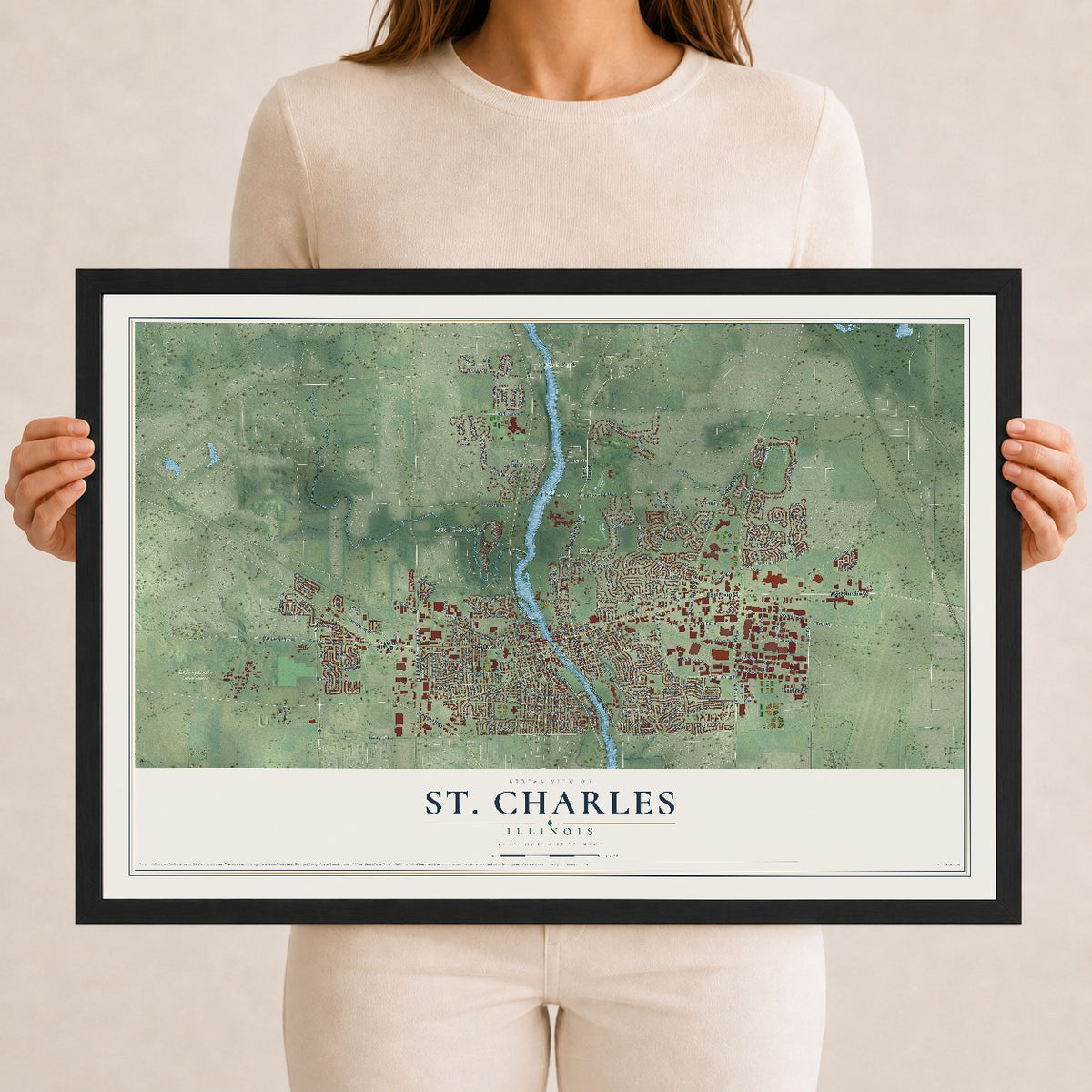 Map of St. Charles, Illinois, 12 x 18 inch print in a black wood frame