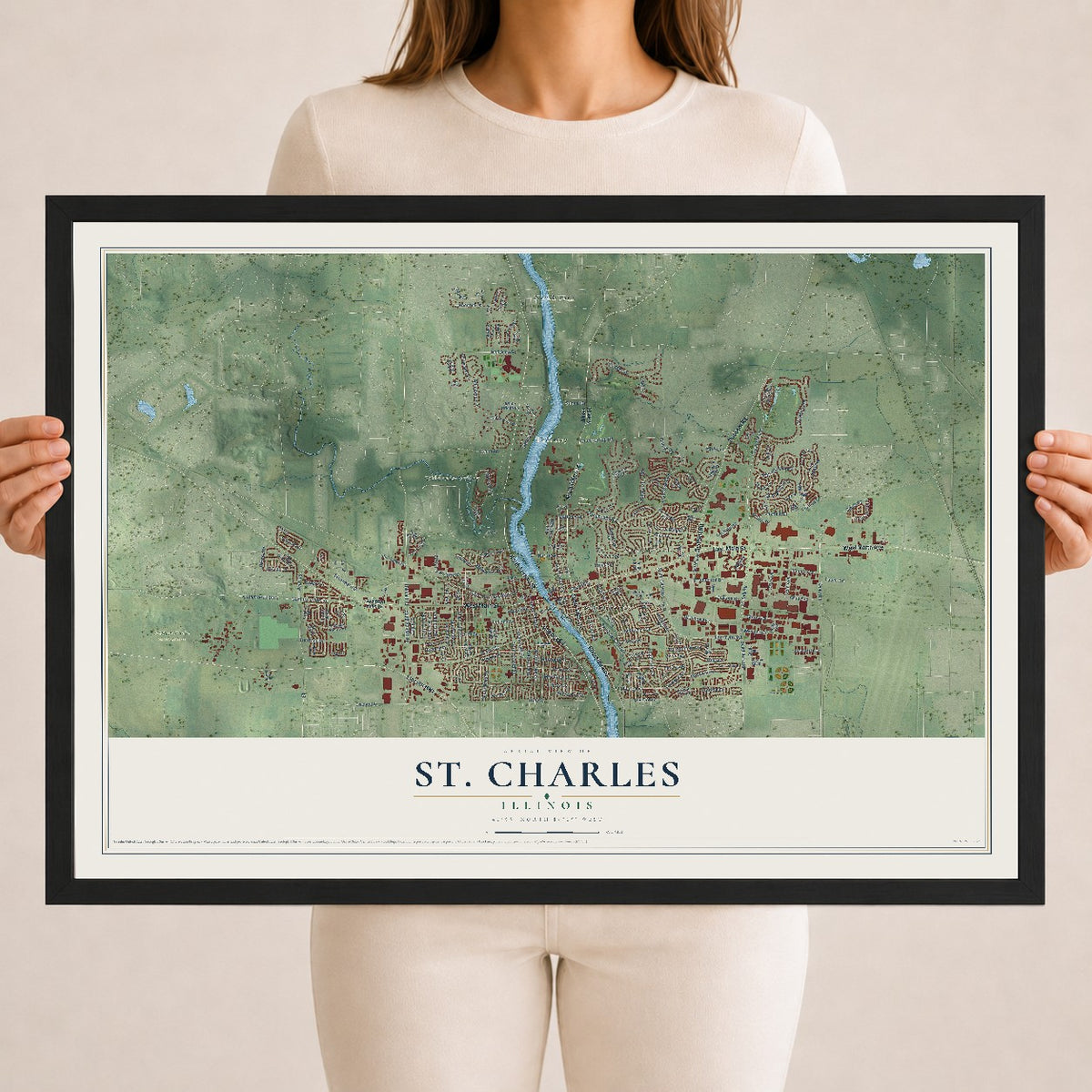 Map of St. Charles, Illinois, 18 x 24 inch print in a black wood frame