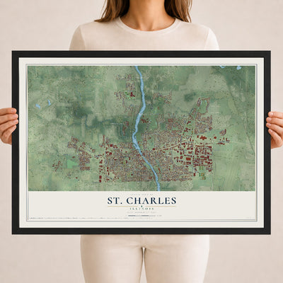 Map of St. Charles, Illinois, 18 x 24 inch print in a black wood frame