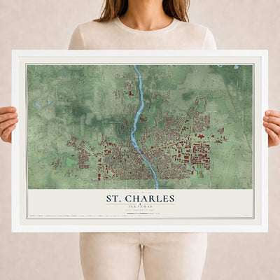 Map of St. Charles, Illinois, 18 x 24 inch print in a white wood frame