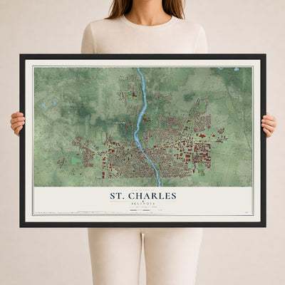 Map of St. Charles, Illinois, 24 x 36 inch print in a black wood frame