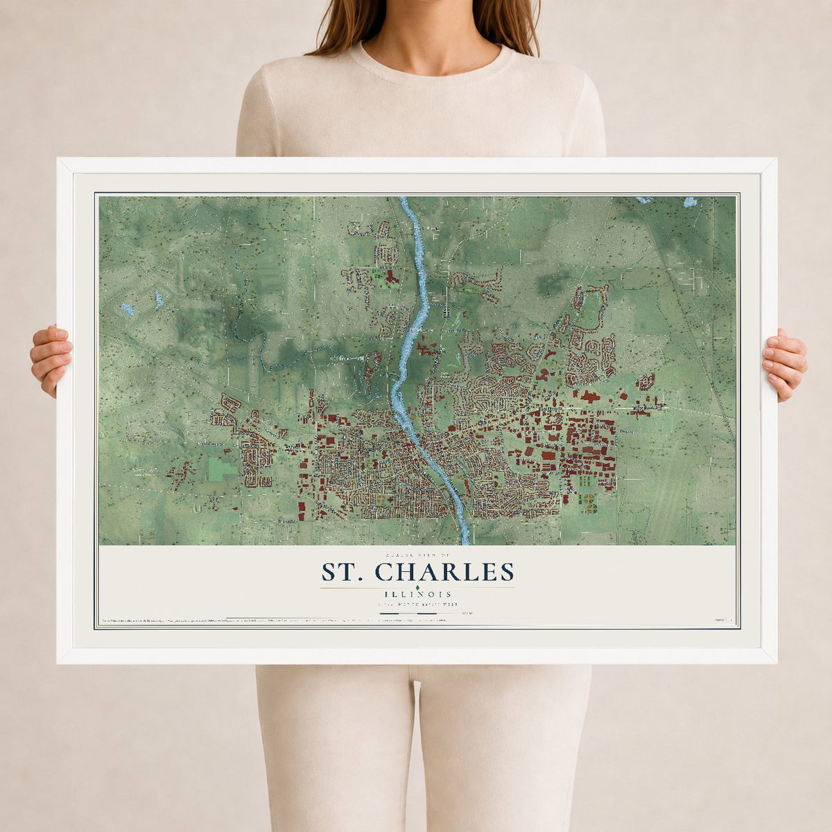 Map of St. Charles, Illinois, 24 x 36 inch print in a white wood frame