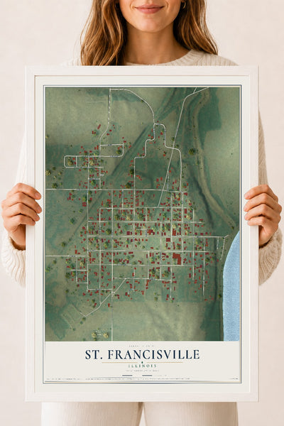 Map of St. Francisville, Illinois, 18 x 24 inch print in a white wood frame