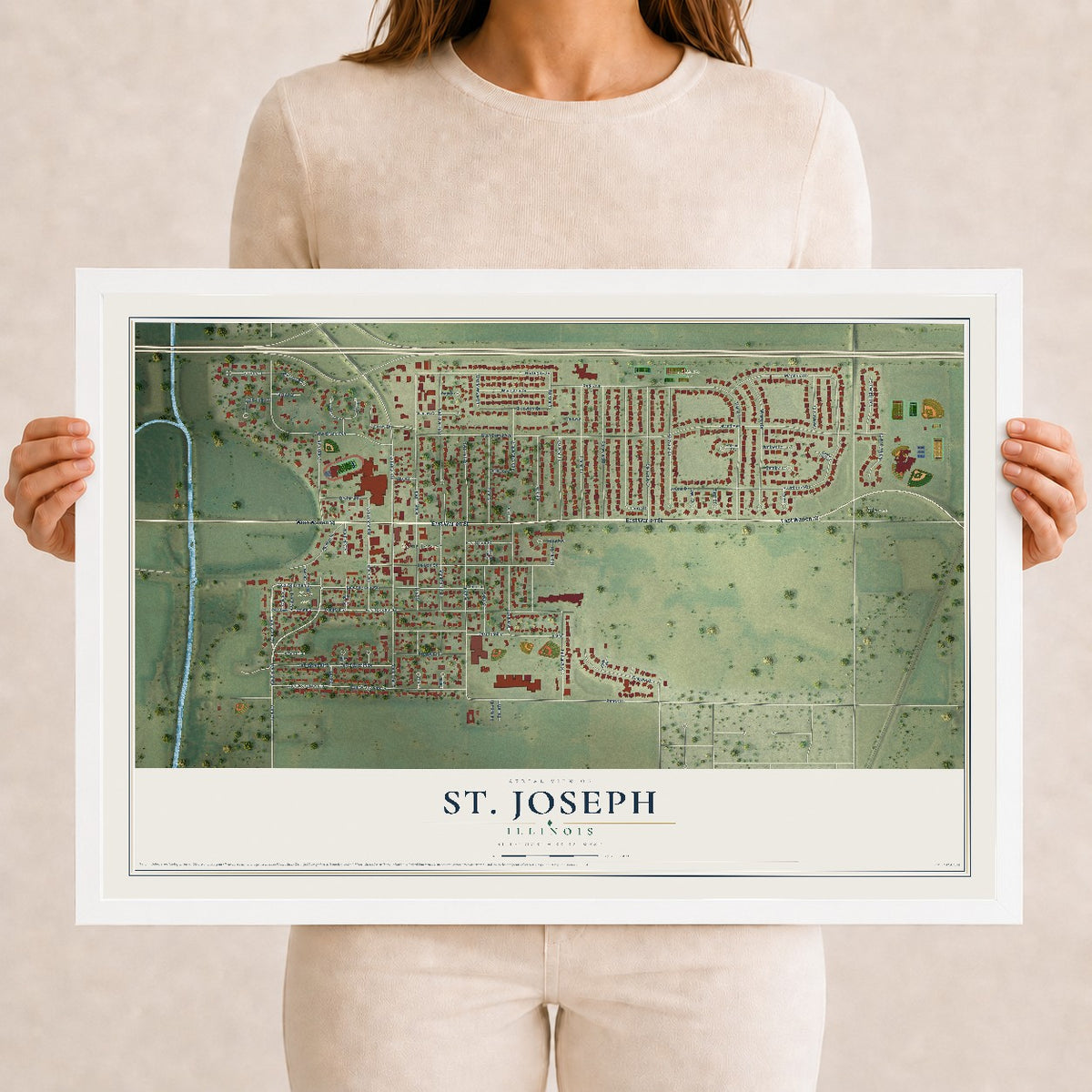 Map of St. Joseph, Illinois, 12 x 18 inch print in a white wood frame