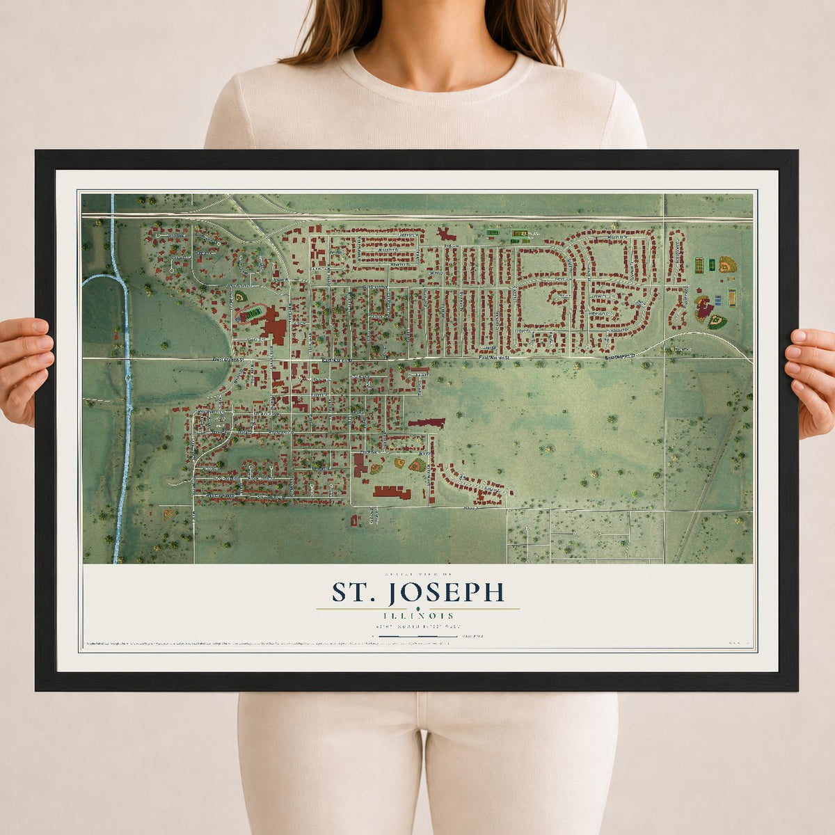 Map of St. Joseph, Illinois, 18 x 24 inch print in a black wood frame
